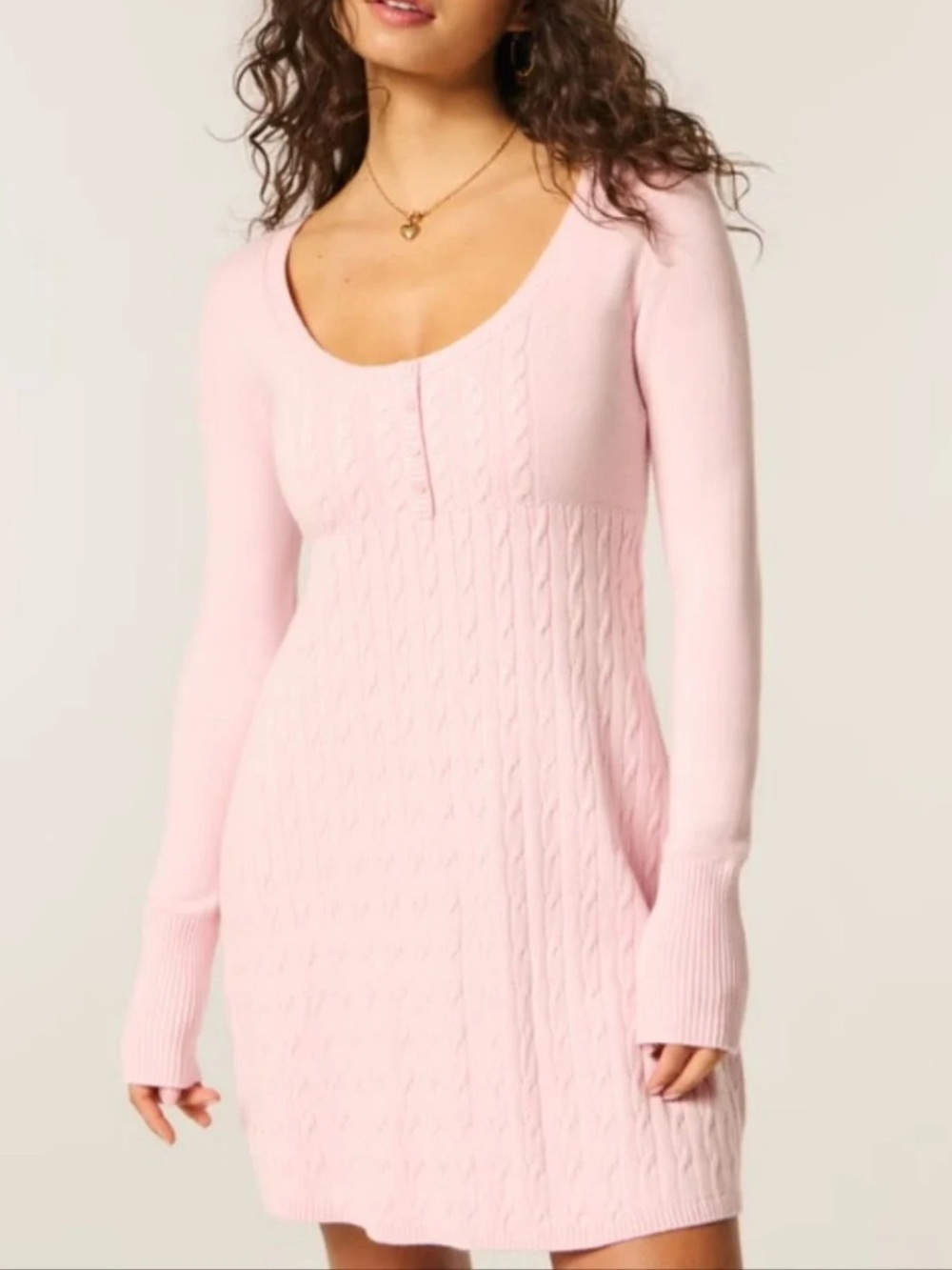 Hollister Pink Cable Knit Long Sleeve Henley Scoop Neck coquette Sweater Dress M